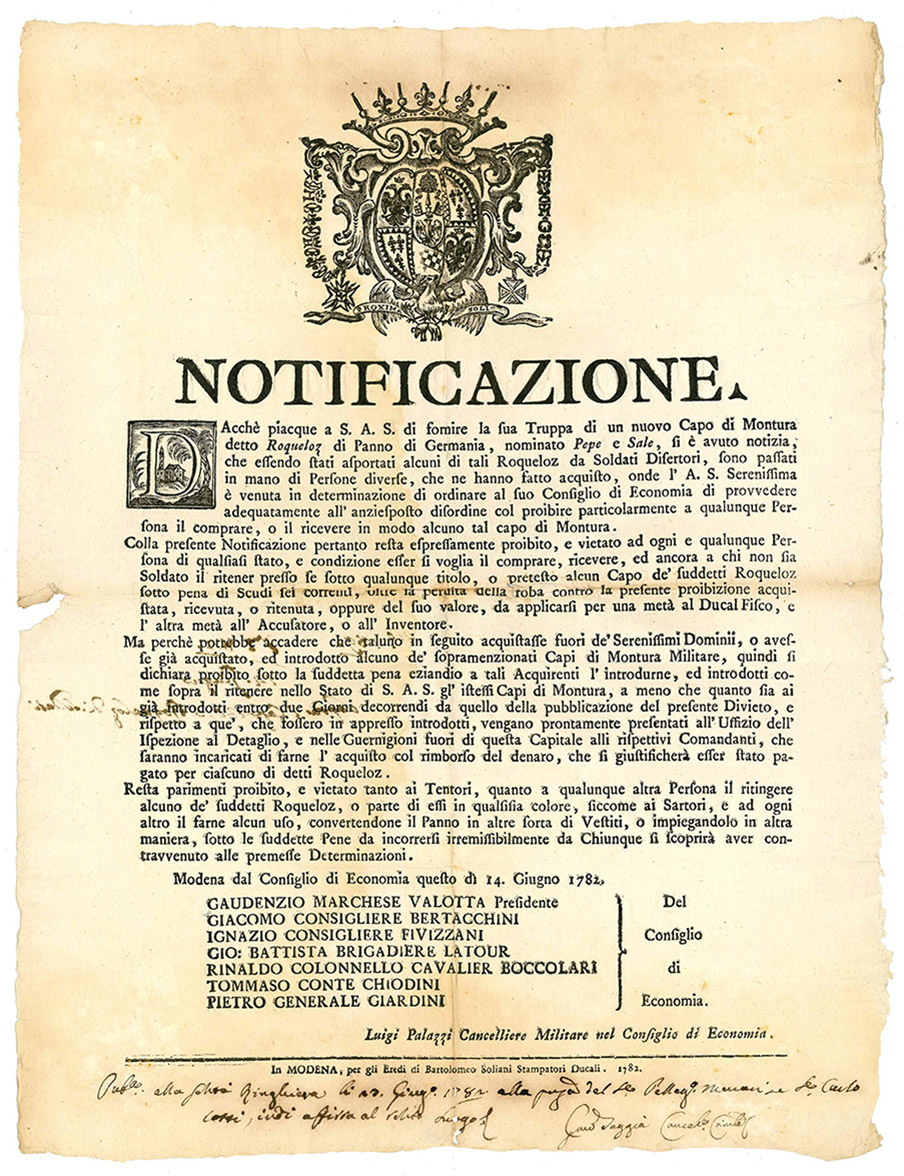 Notificazione del 14 Giugno 1782, con la quale si vietava …