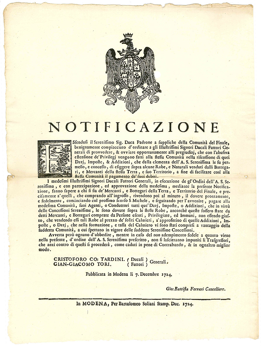 Notificazione del Duca di Modena circa le suppliche della Comunità …