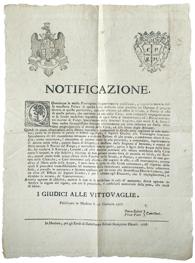 Notificazione. I Giudici delle Vittovaglie. Pubblicata in Modena li 25. …