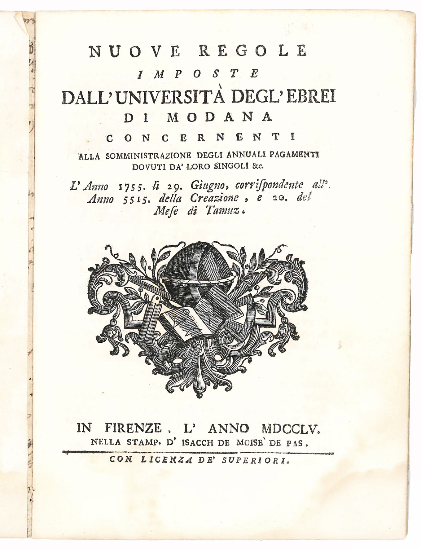 Nuove regole imposte dall'Università degl'Ebrei di Modana concernenti alla somministrazione …