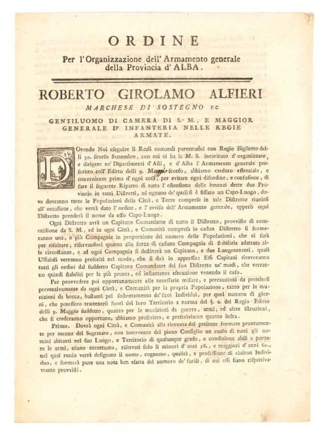 Ordine per l'organizzazione dell'armamento generale della provincia di Asti.