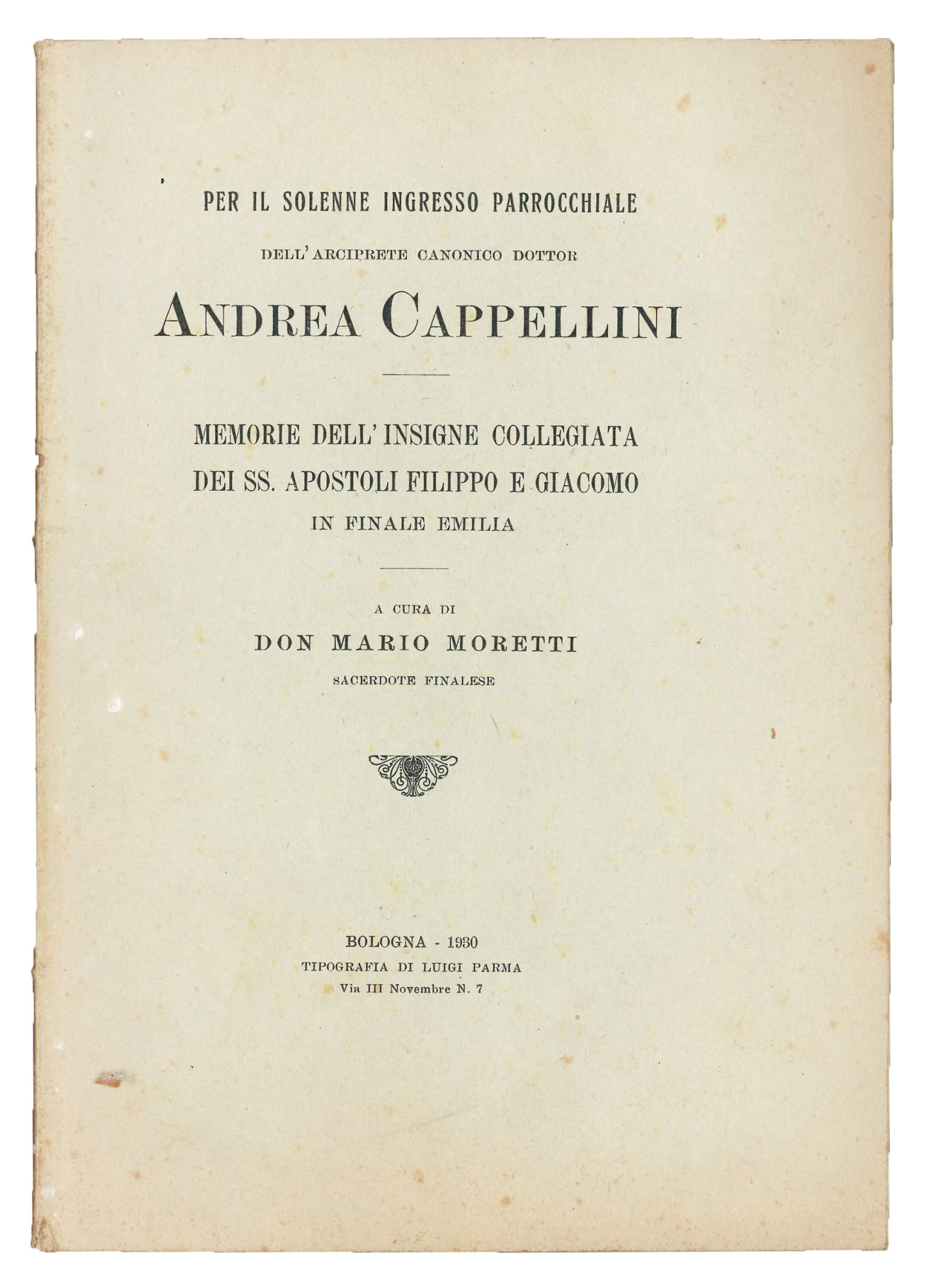 Per il solenne ingresso parrocchiale dell'arciprete can. dott. Andrea Cappellini. …