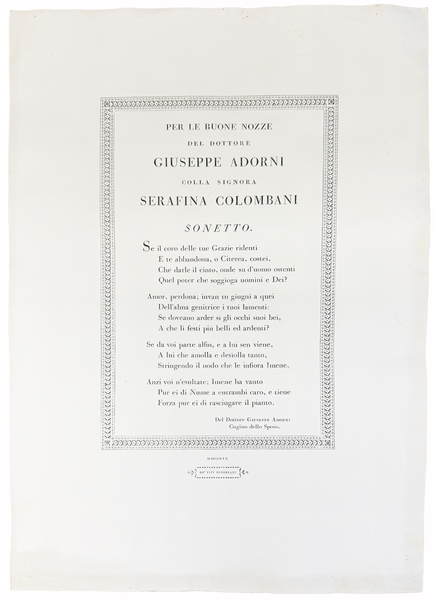 Per le buone nozze del Dottore Giuseppe Adorni colla Signora …