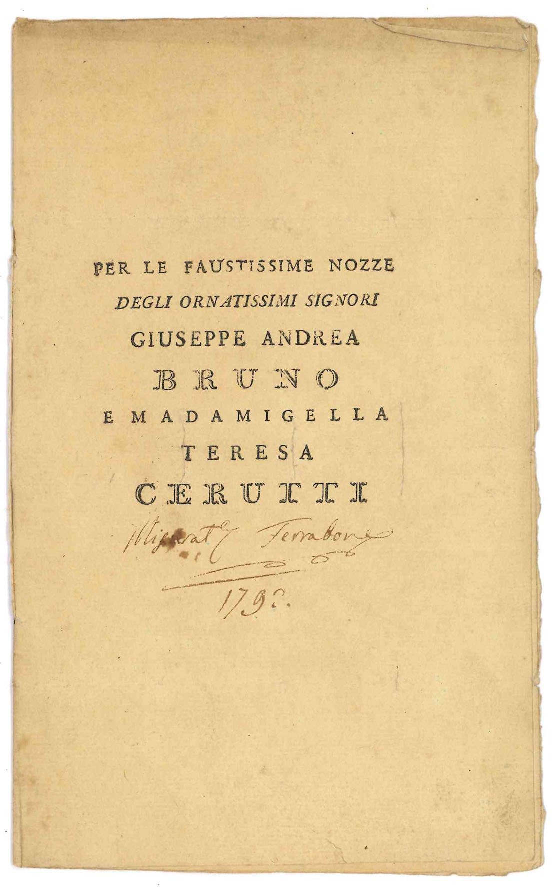 Per le faustissime nozze degli onoratissimi signori Giuseppe Andrea Bruno …