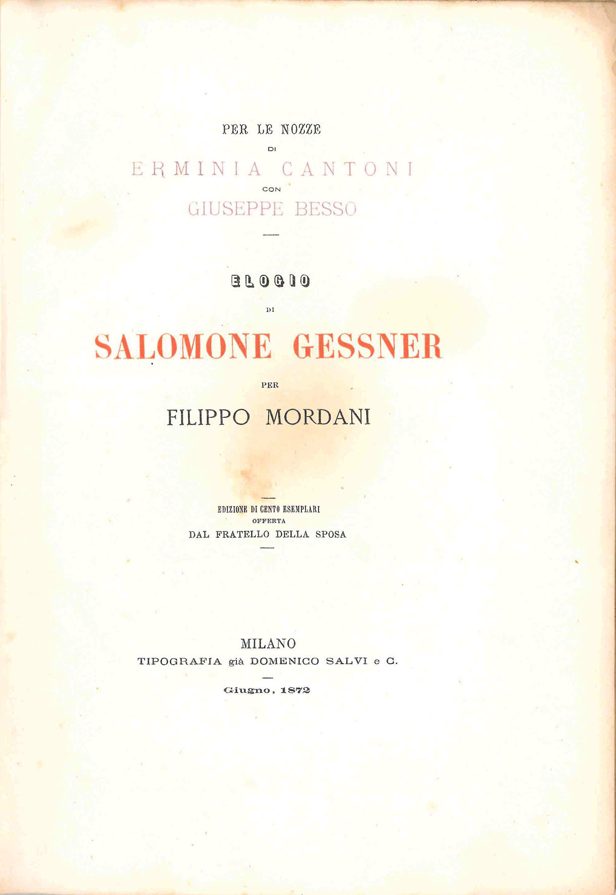 Per le nozze Besso - Cantoni. Elogio di Salomone Gessner …