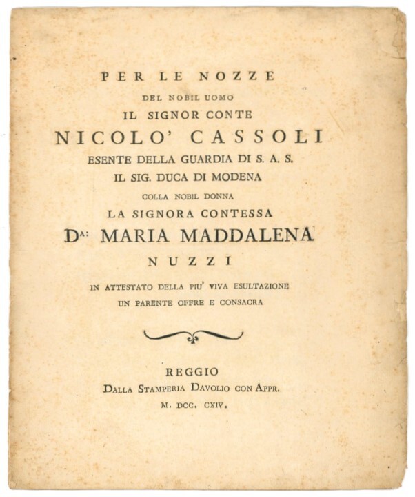 Per le nozze del nobil uomo il Signor Conte Nicolò …