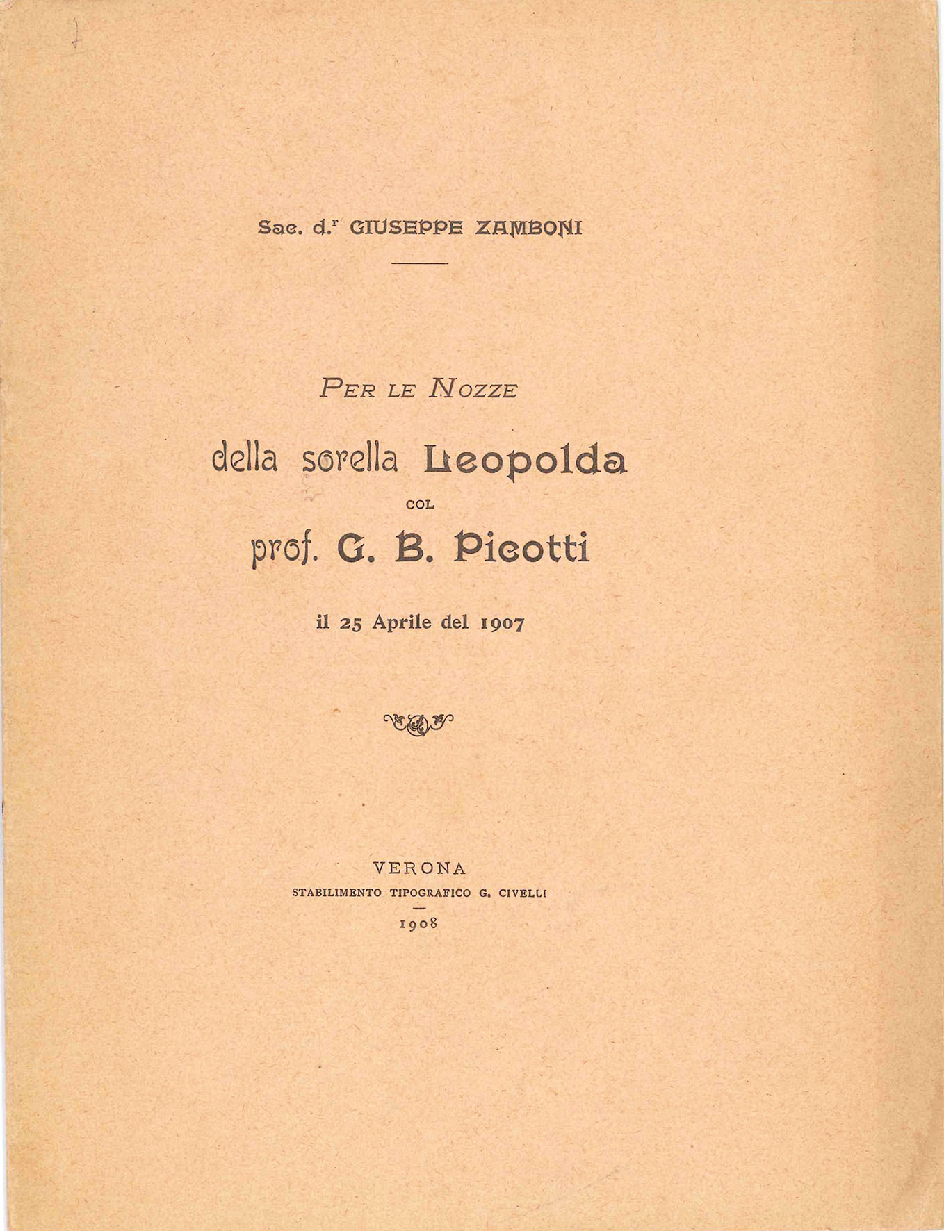 Per le nozze della sorella Leopolda col prof. G. B. …