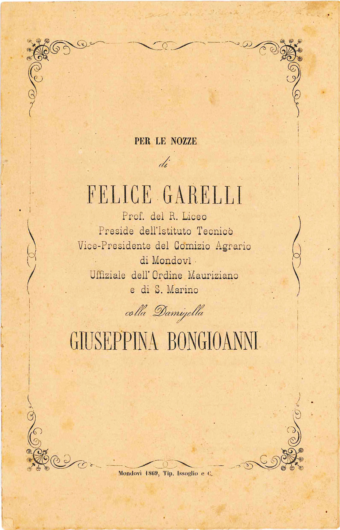 Per le nozze di Felice Garelli, Prof. del R. Liceo, …