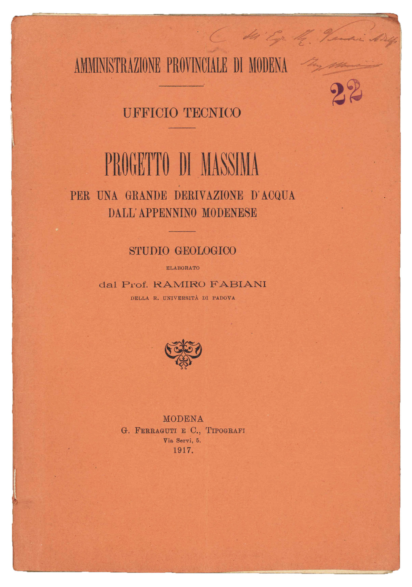 Progetto di massima per una grande derivazione d'acqua dall'appennino modenese. …