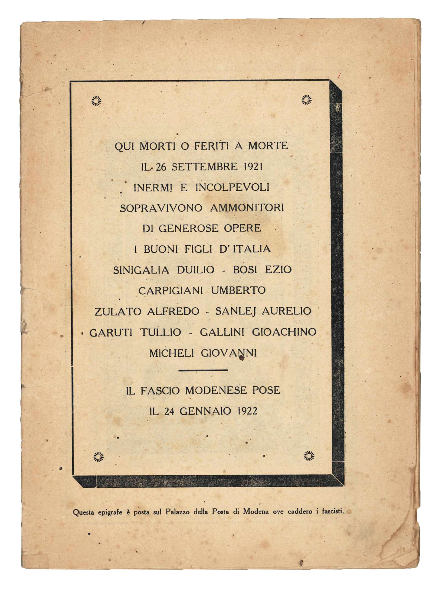 Qui morti o feriti a morte il 26 settembre 1921 …