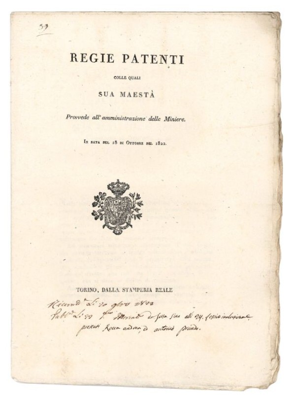 Regie Patenti colle quali sua maestà provvede all'amministrazione delle miniere.