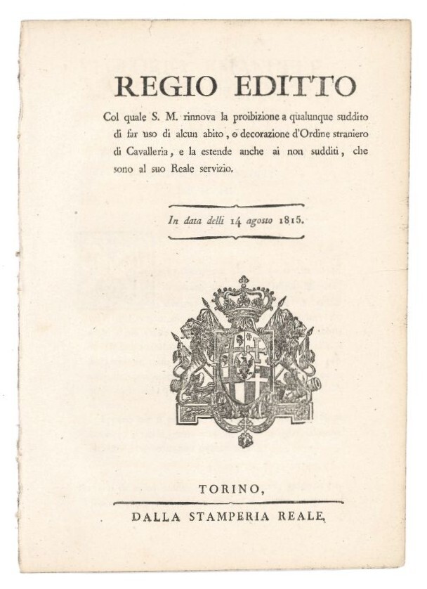 Regio editto col quale S. M. rinnova la proibizione a …