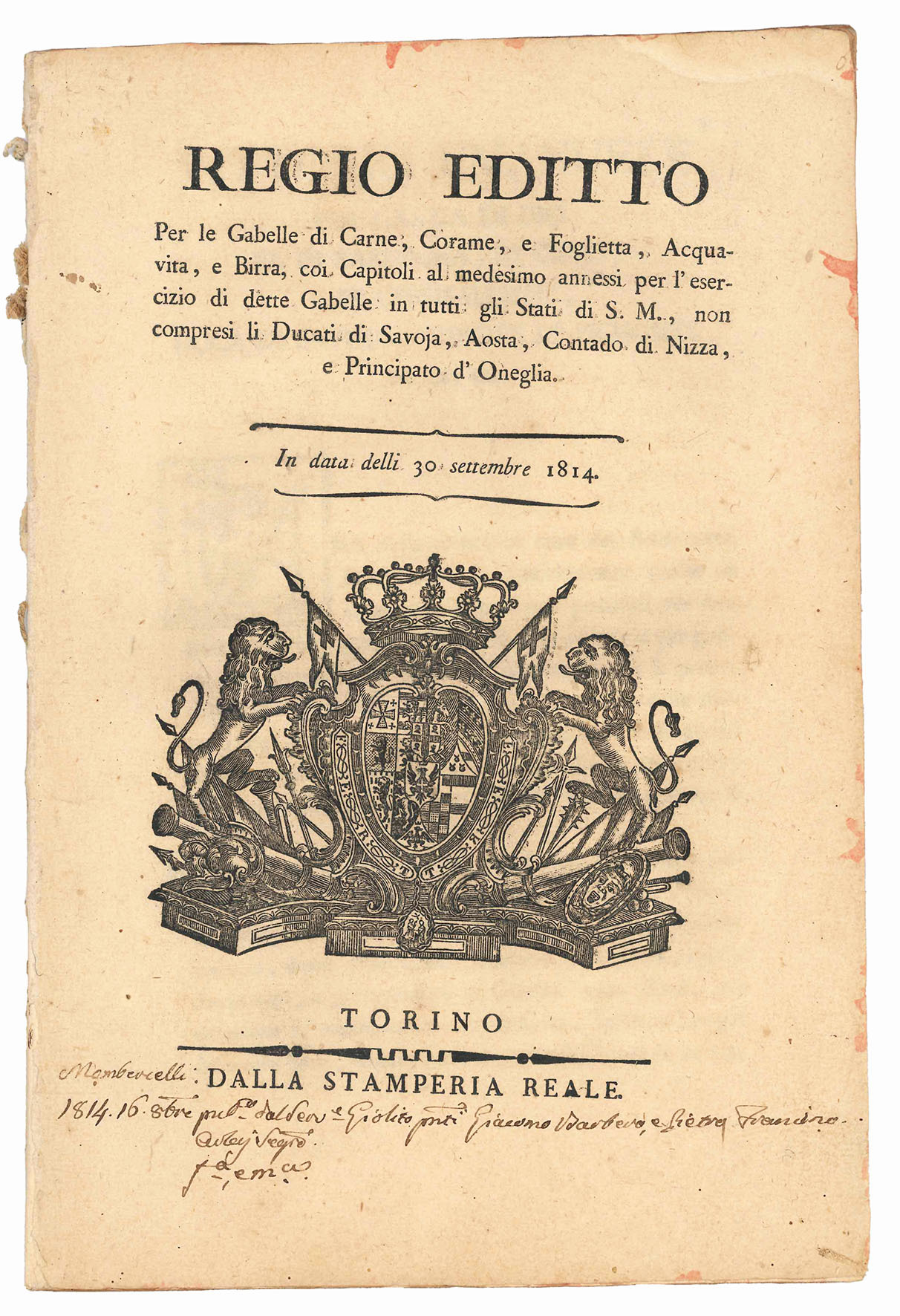 Regio editto per le Gabelle di Carne, Corame, e Foglietta, …