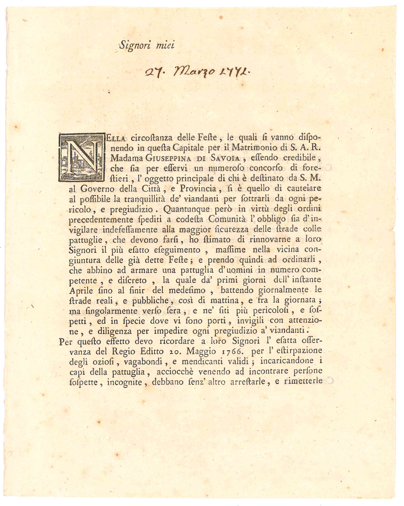 Regolamento nella circostanza delle Feste per il Matrimonio di S.A.R. …