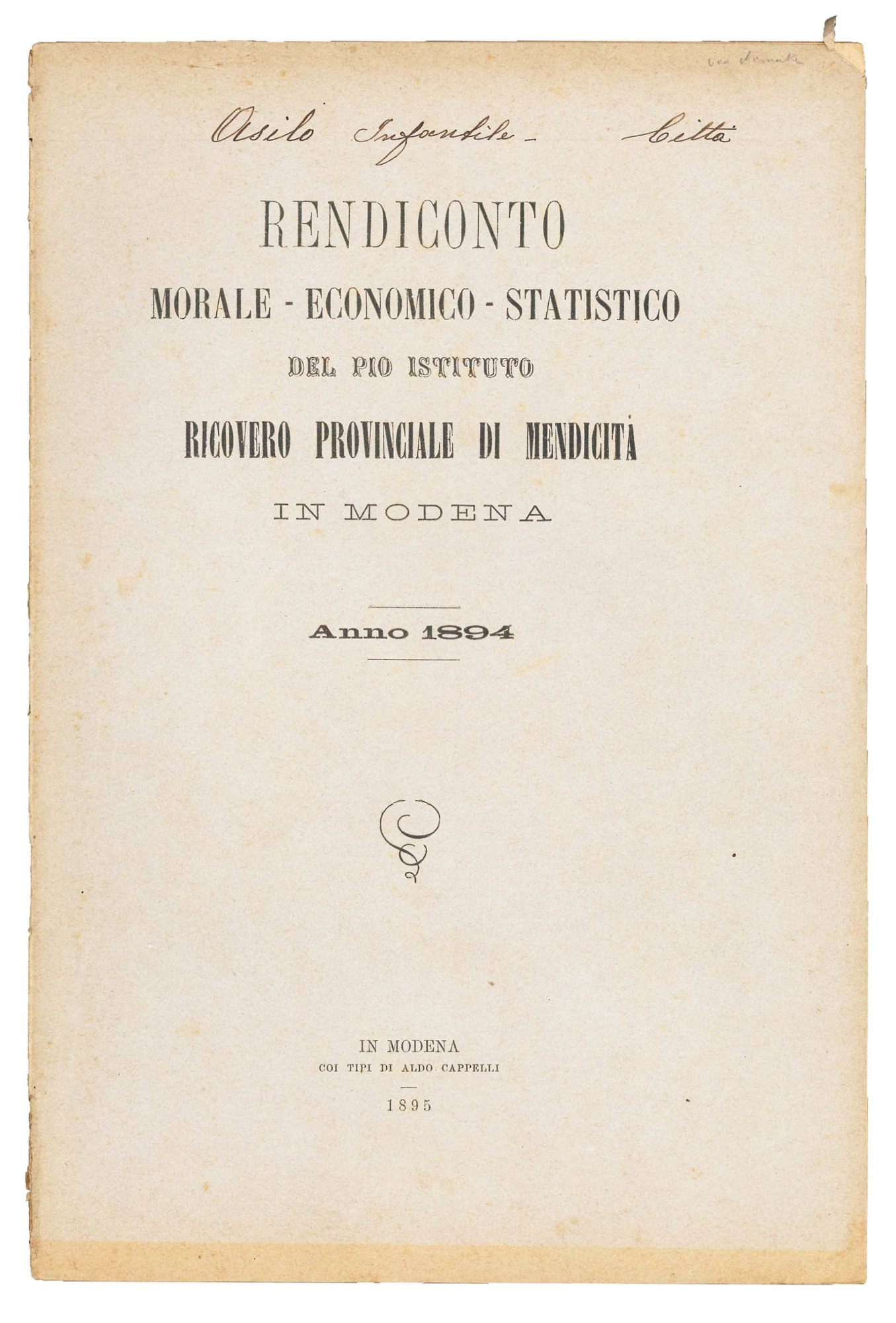 Rendiconto morale economico statistico del Pio istituto Ricovero di mendicità …