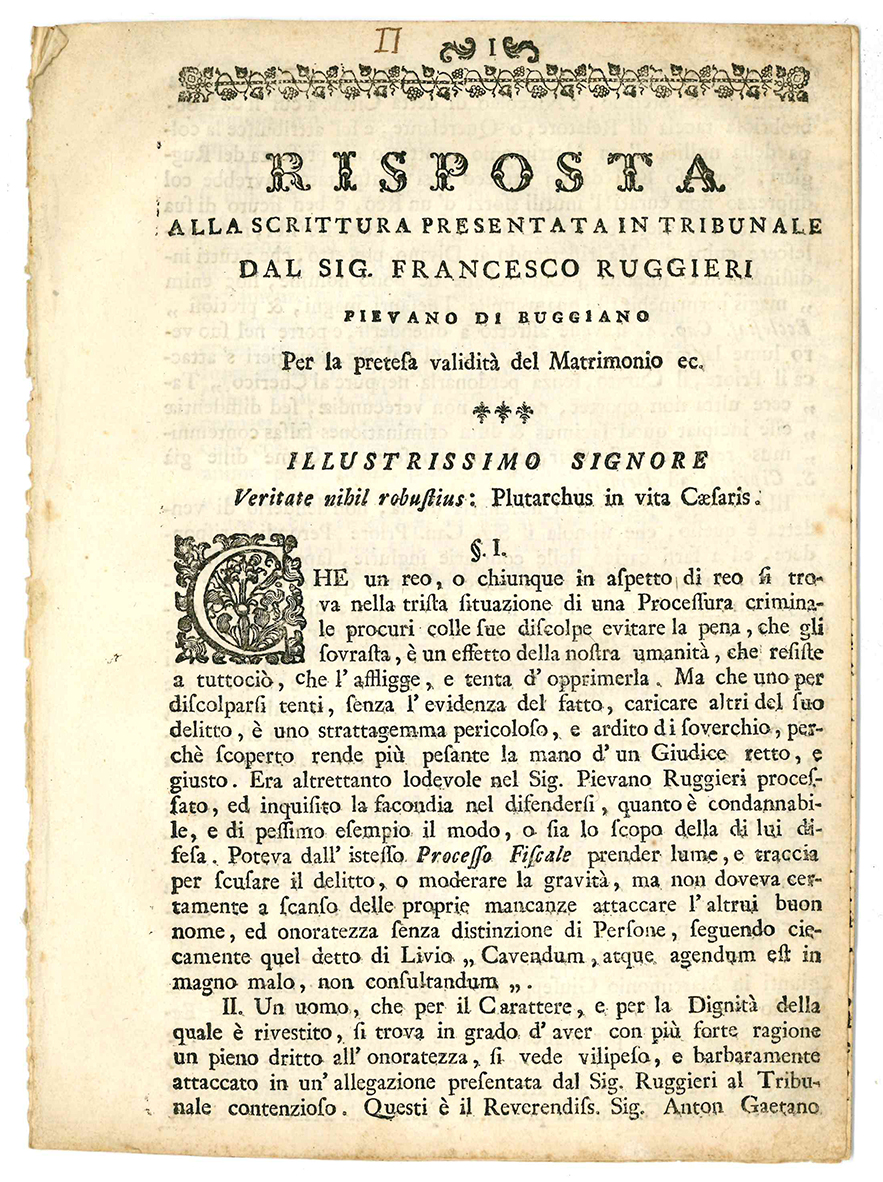 Risposta alla scrittura presentata in tribunale dal sig. Francesco Ruggieri …