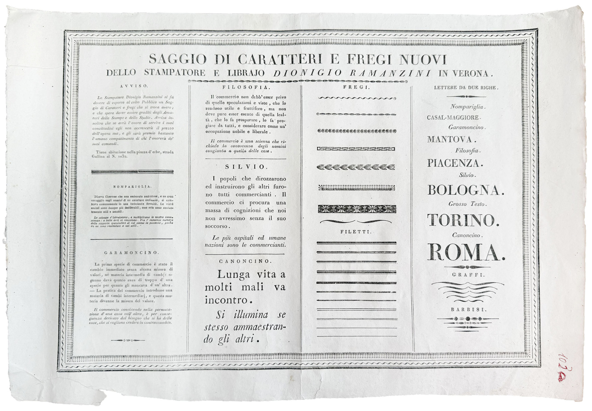Saggio di caratteri e fregi nuovi dello Stampatore e librajo …