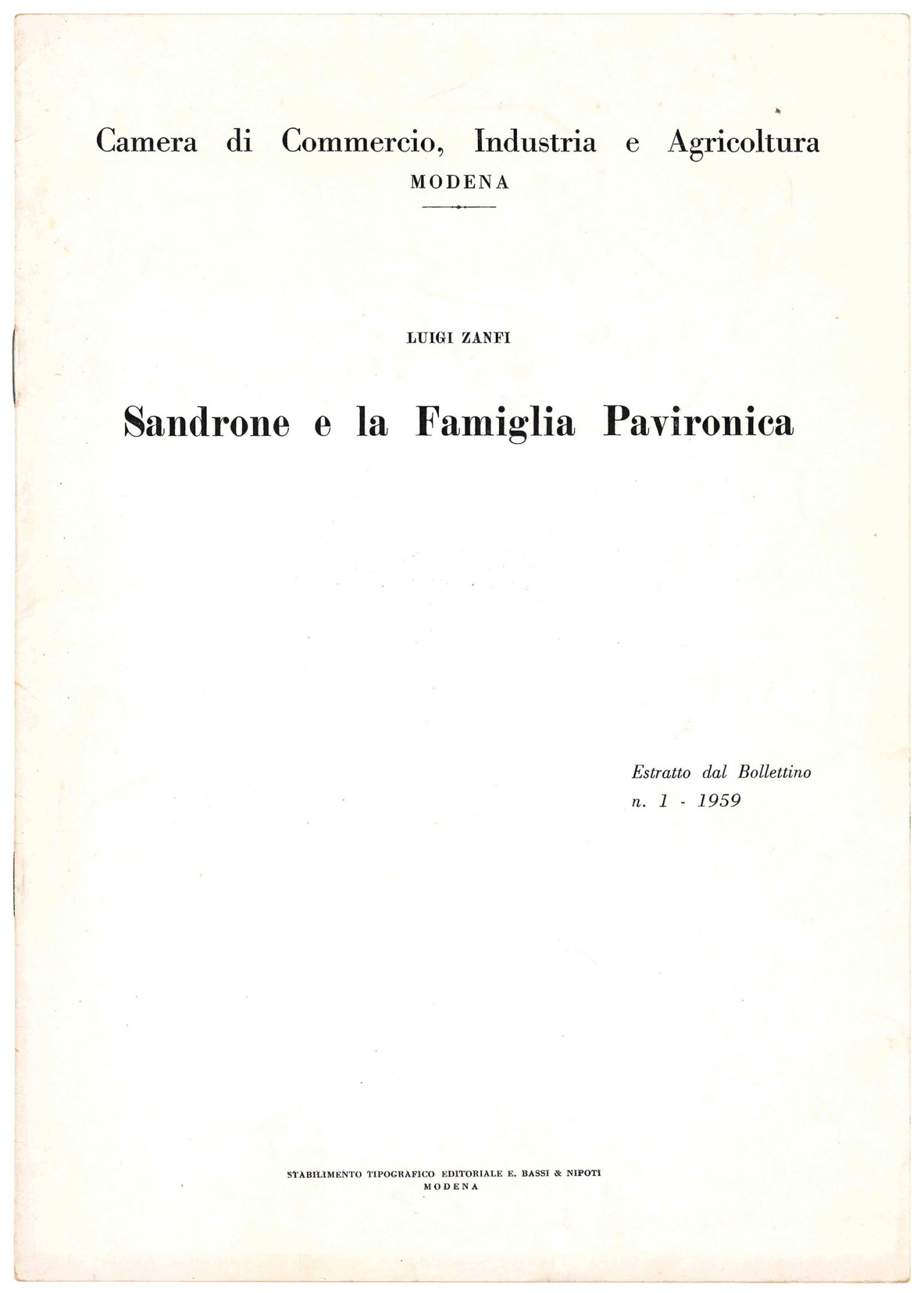 Sandrone e la Famiglia Pavironica. Estratto dal Bollettino n. 1 …