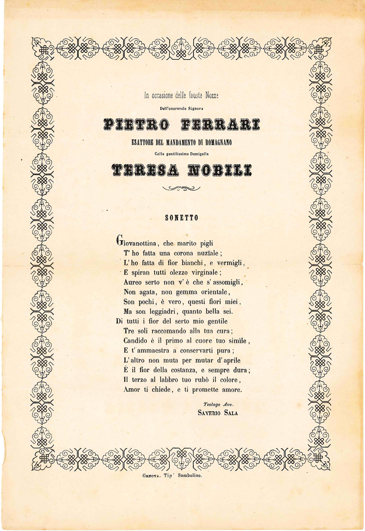 Sonetto in occasione delle fauste Nozze dell'onorevole Signore Pietro Ferrari …