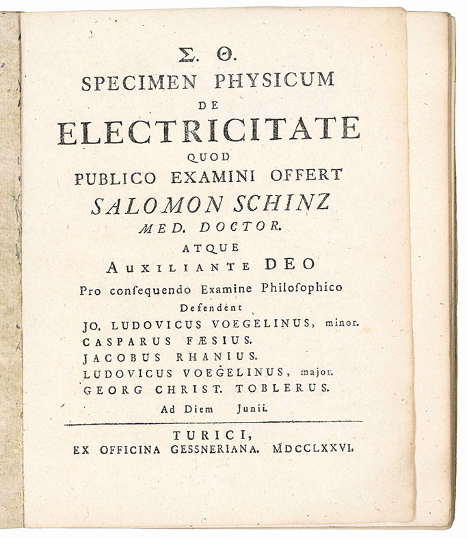 Specimen physicum de electricitate quod publico examini offert Salomon Schinz …