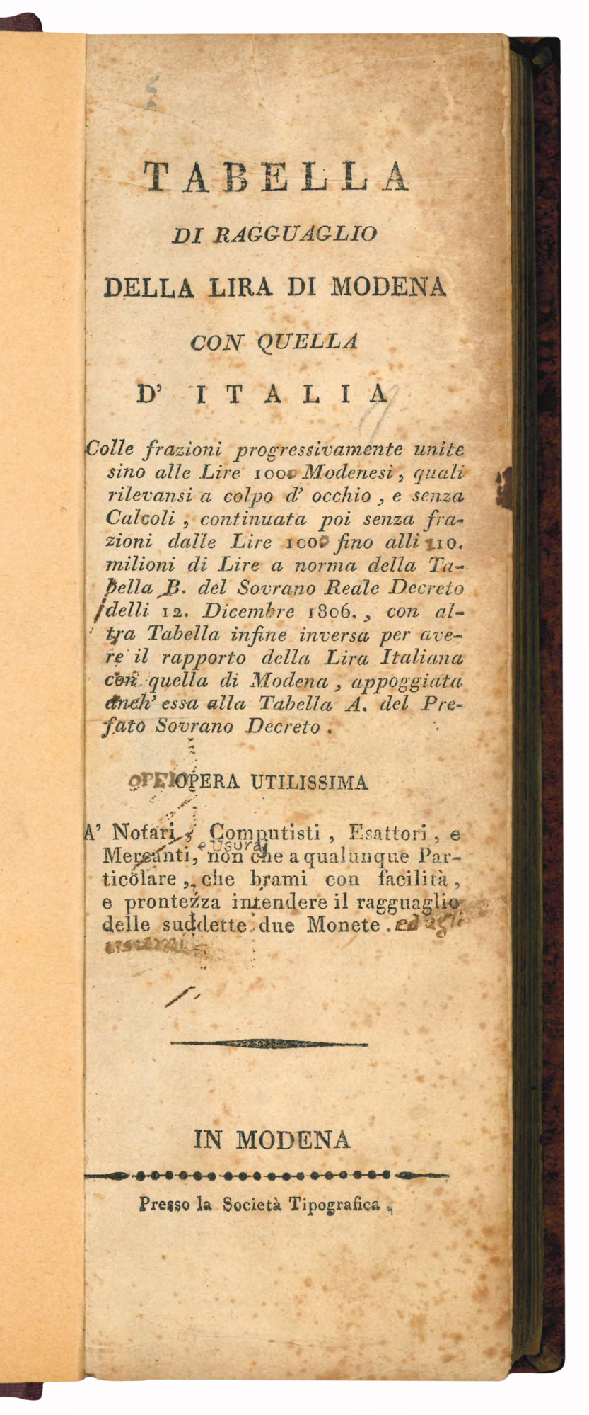 Tabella di ragguaglio della lira di Modena con quella d'Italia …