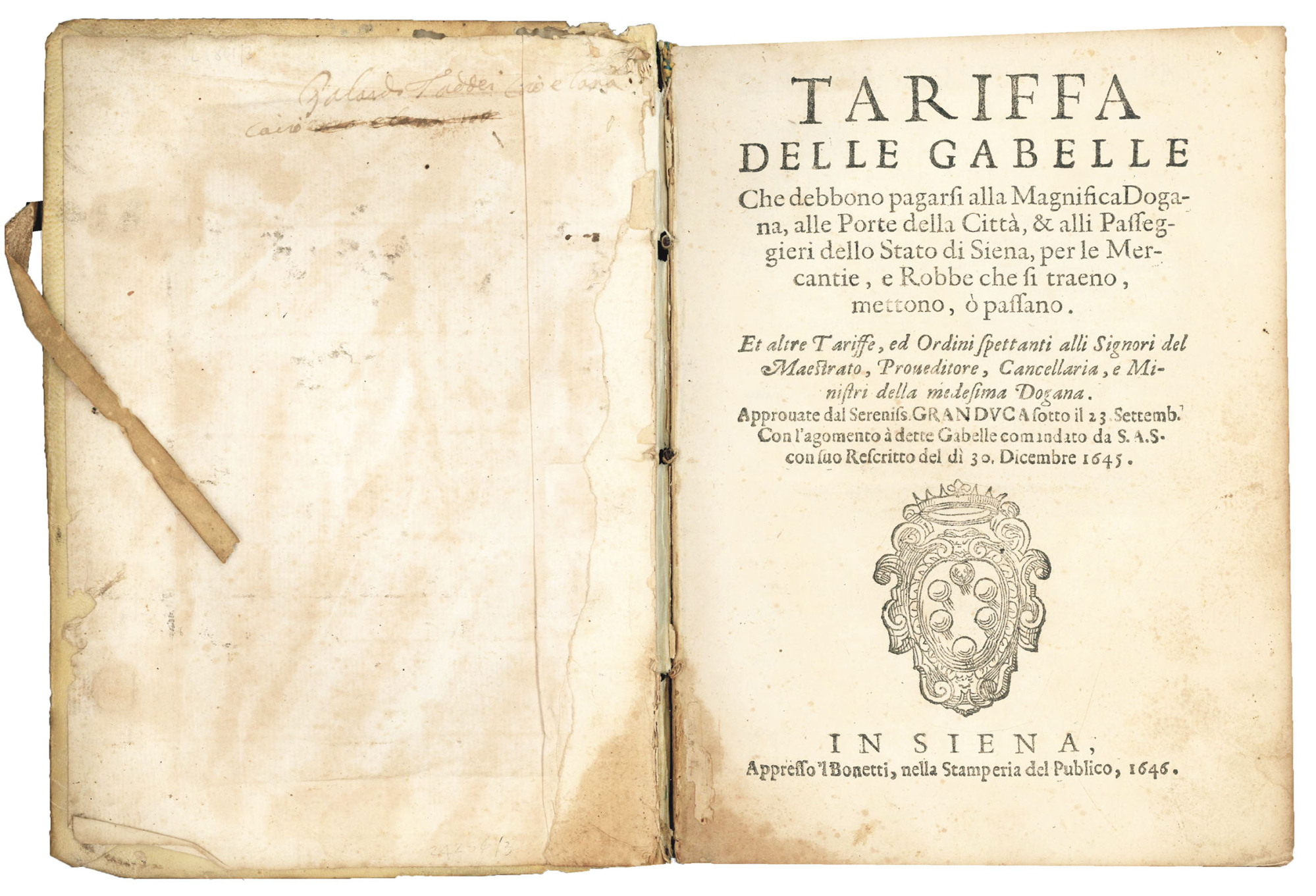 Tariffa delle gabelle, che debbono pagarsi alla Magnifica Dogana, alle …