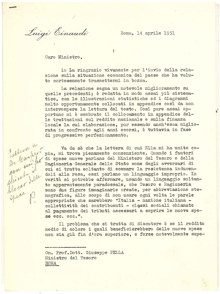 Typed letter signed and addressed to the Treasure Minister Giuseppe …