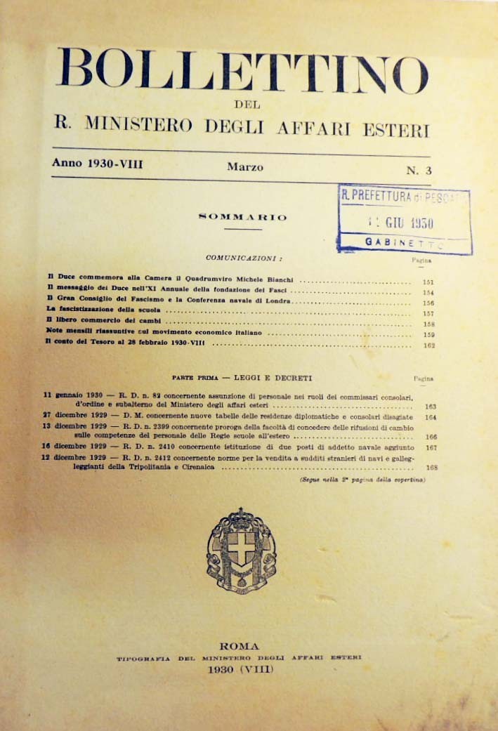 Bollettino del Ministero degli Affari Esteri, n. 3, marzo 1930