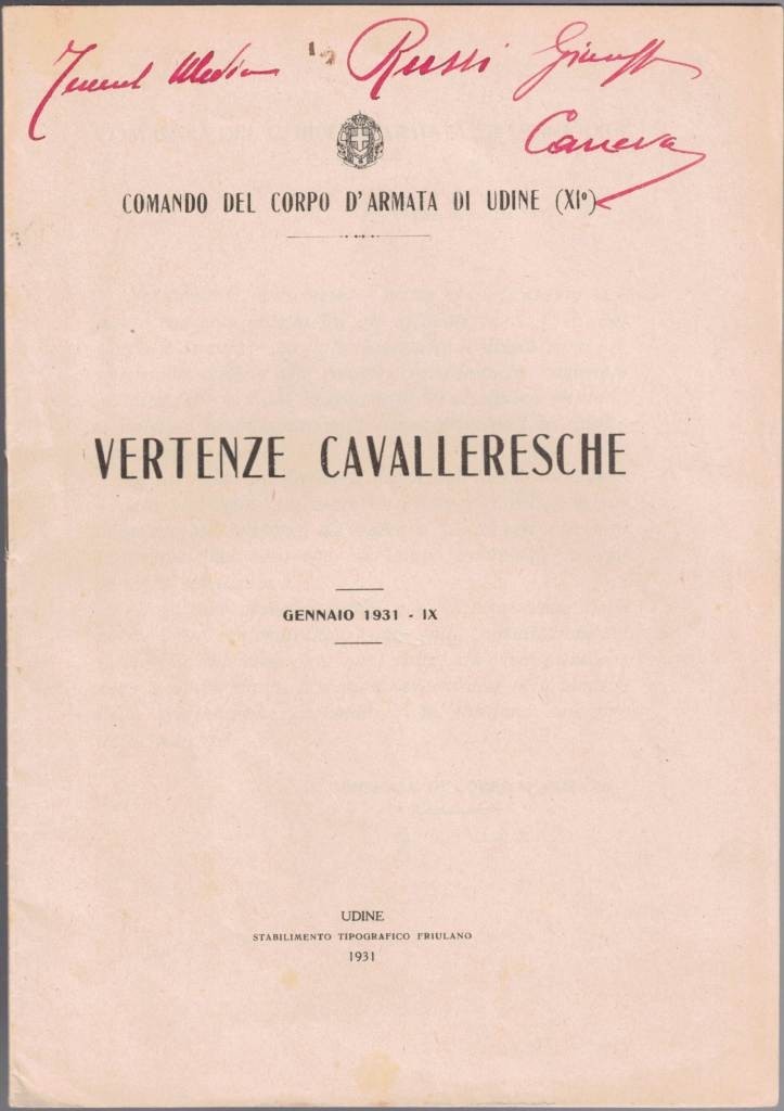 Comando del Corpo d’Armata di Udine (XI.), Vertenze cavalleresche. Gennaio …