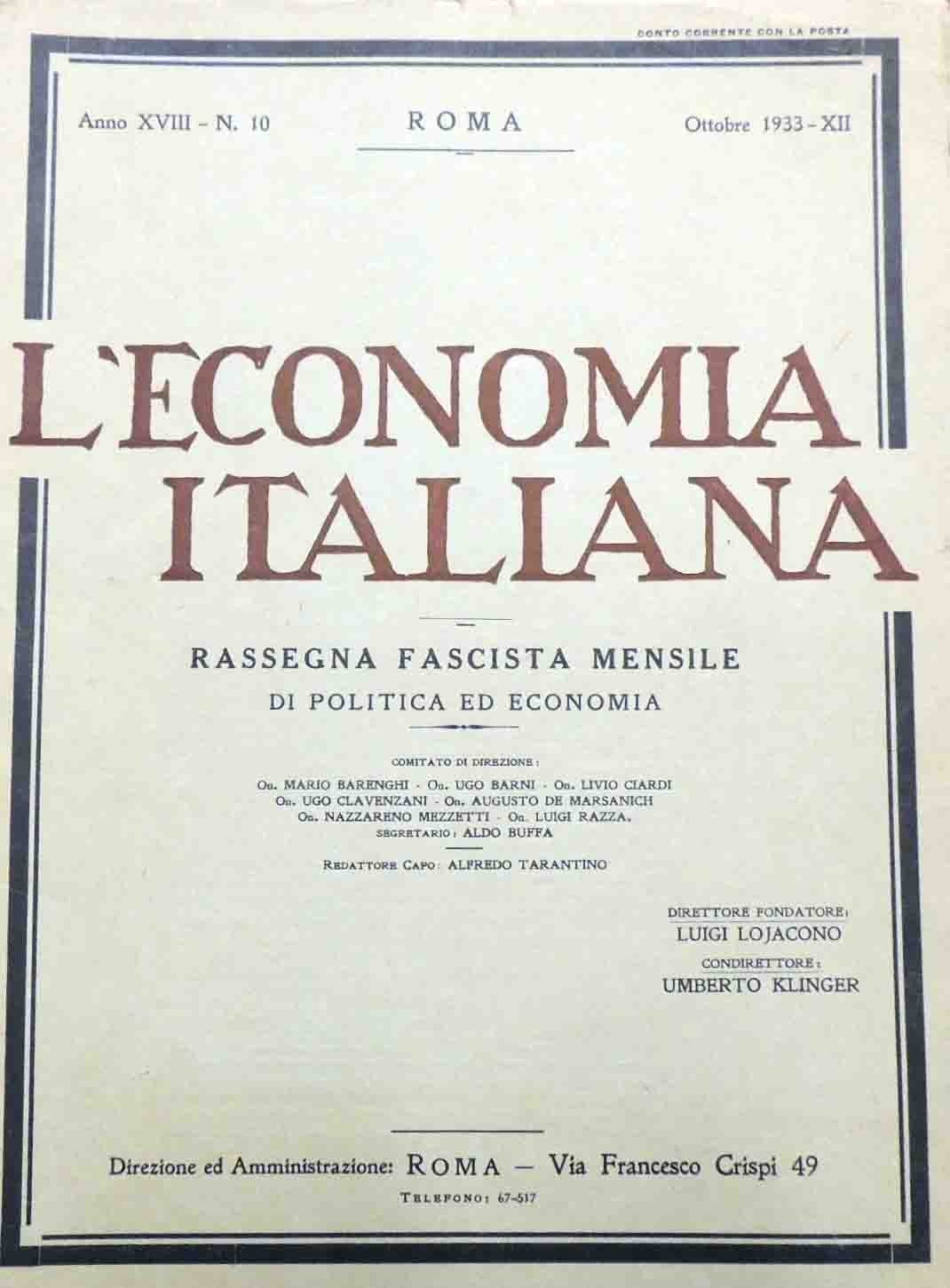 L’economia italiana. Rassegna fascista mensile di politica ed economia, a. …