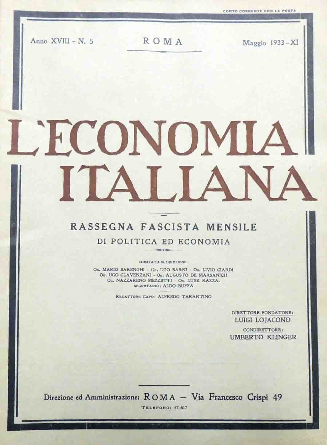 L’economia italiana. Rassegna fascista mensile di politica ed economia, a. …