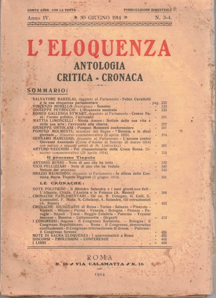 L’eloquenza. Antologia critica cronaca, a. IV, n. 3-4, giugno 1914