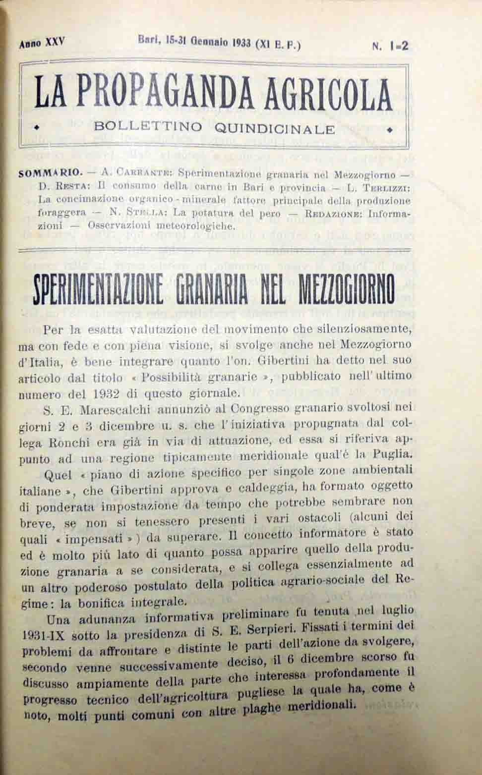 La propaganda agricola, a. XXV, nn. 1-24, gennaio-dicembre 1933