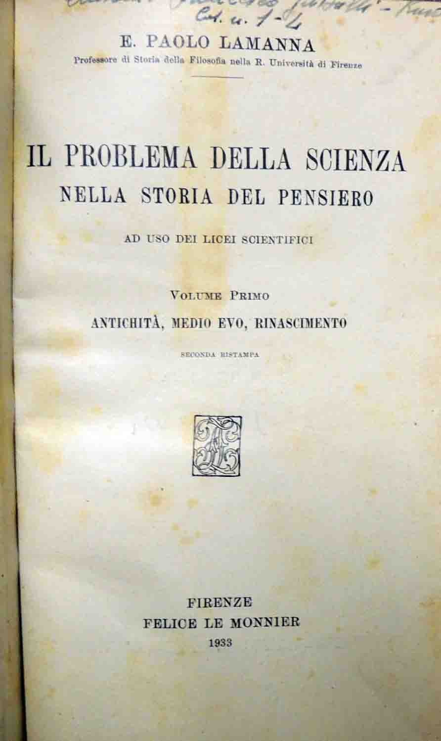 Lamanna, Il problema della scienza nella storia del pensiero, 2 …