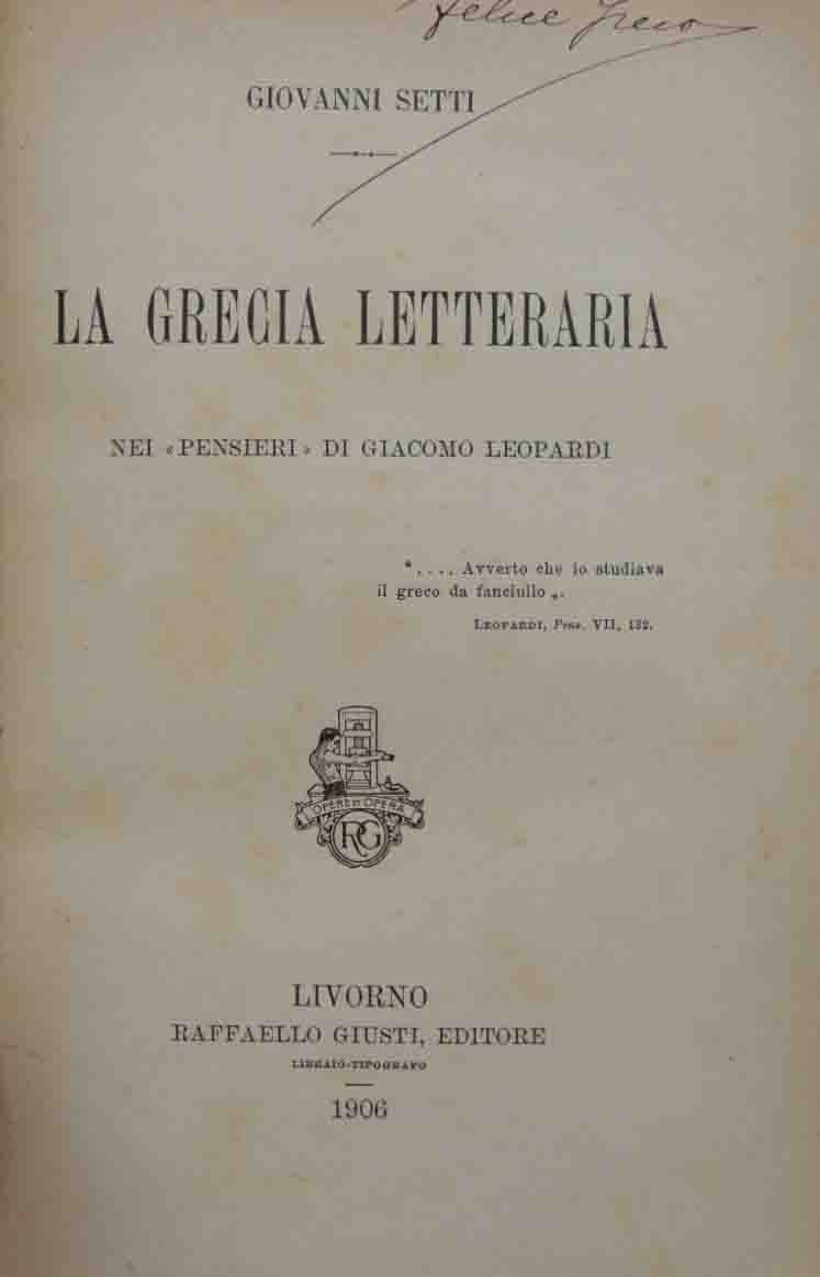 Setti, La Grecia letteraria nei Pensieri di Giacomo Leopardi