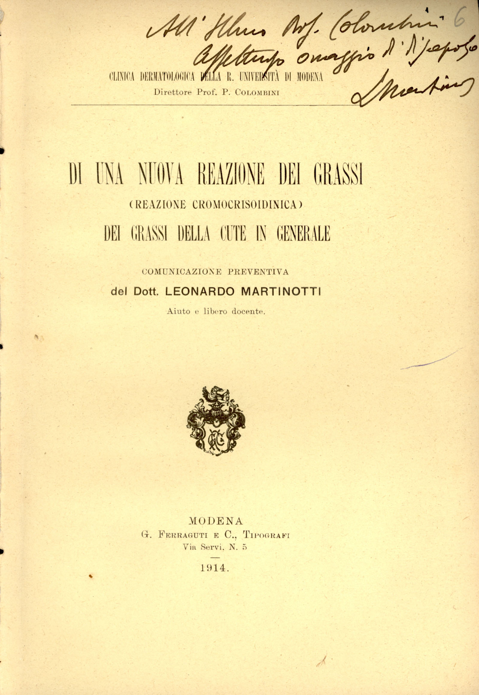 Di una nuova reazione dei grassi (creazione cromocrisoidinica). Dei grassi …