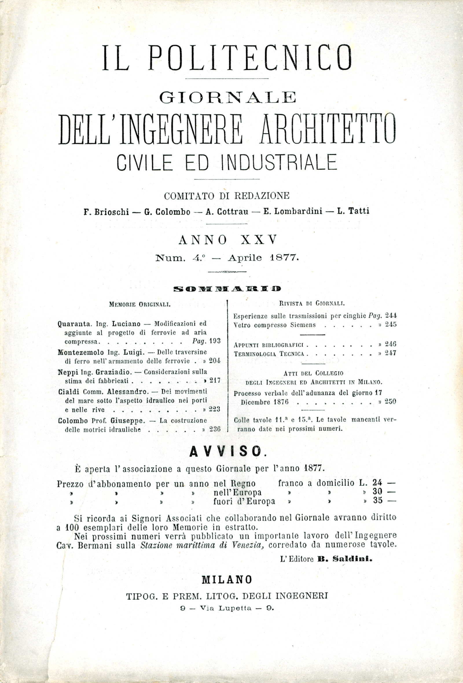 Il Politecnico 1877. Ferrovie ad aria compressa. Armamento delle ferrovie