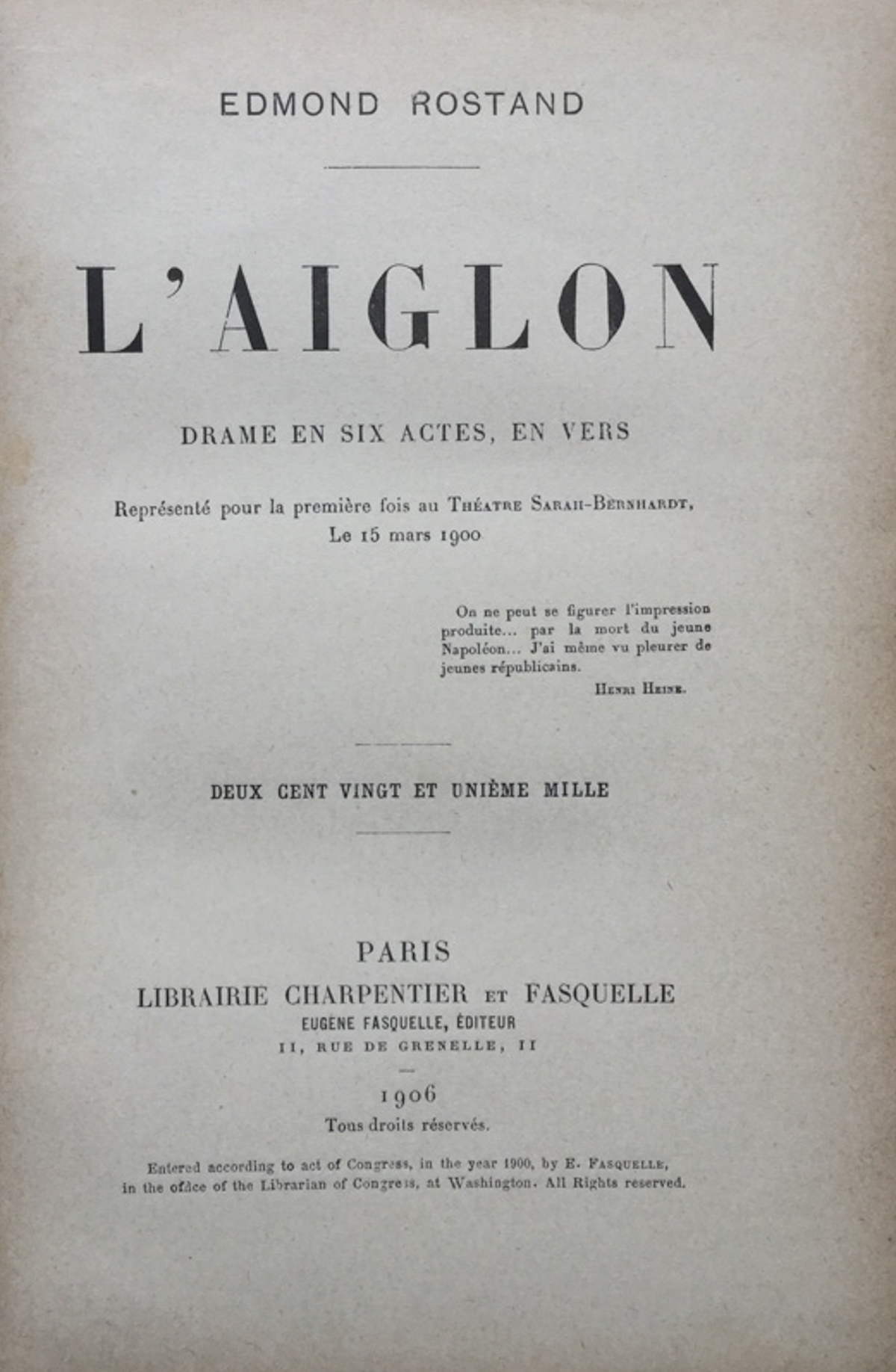 L'Aiglon. Drame en six actes, en vers