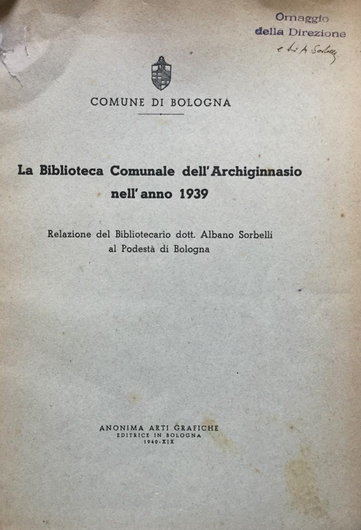 La Biblioteca Comunale dell'Archiginnasio nell'anno 1939