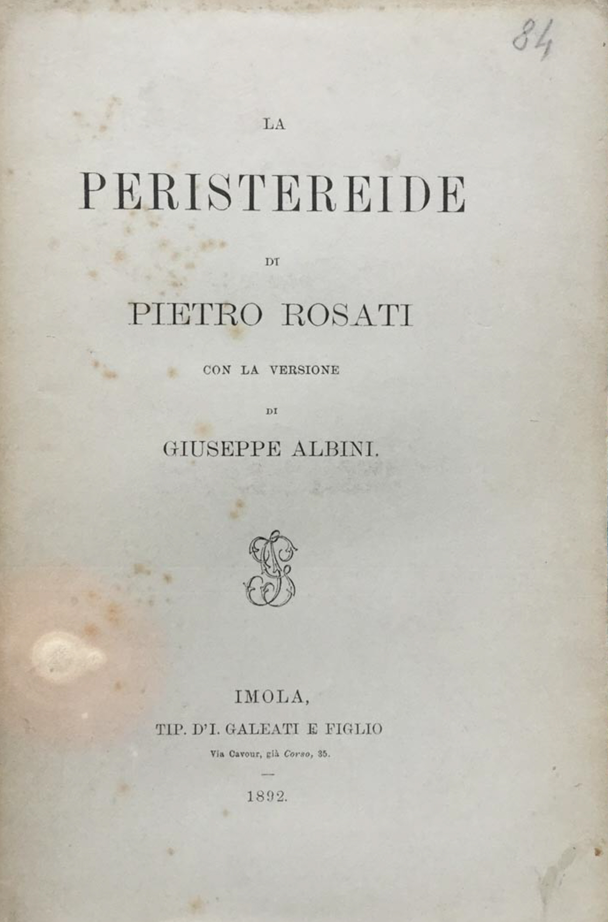 La Peristereide di Pietro Rosati con la versione di Giuseppe …