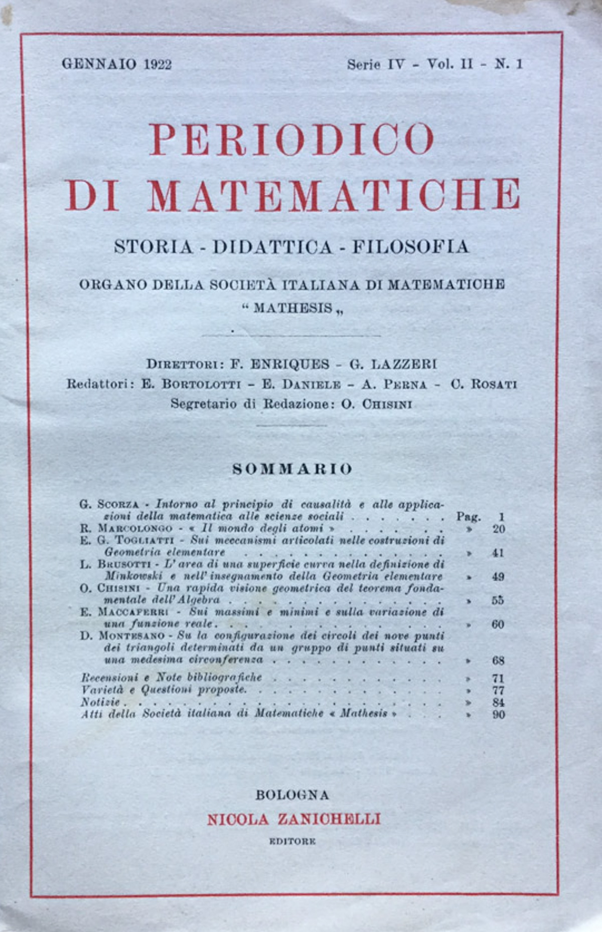 Periodico di matematiche. Storia - Didattica - Filosofia Gennaio 1922