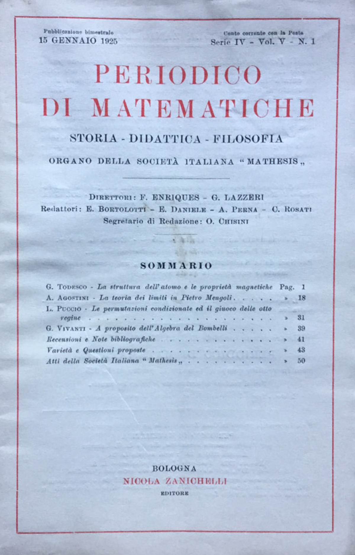 Periodico di matematiche. Storia - Didattica - Filosofia Gennaio 1925