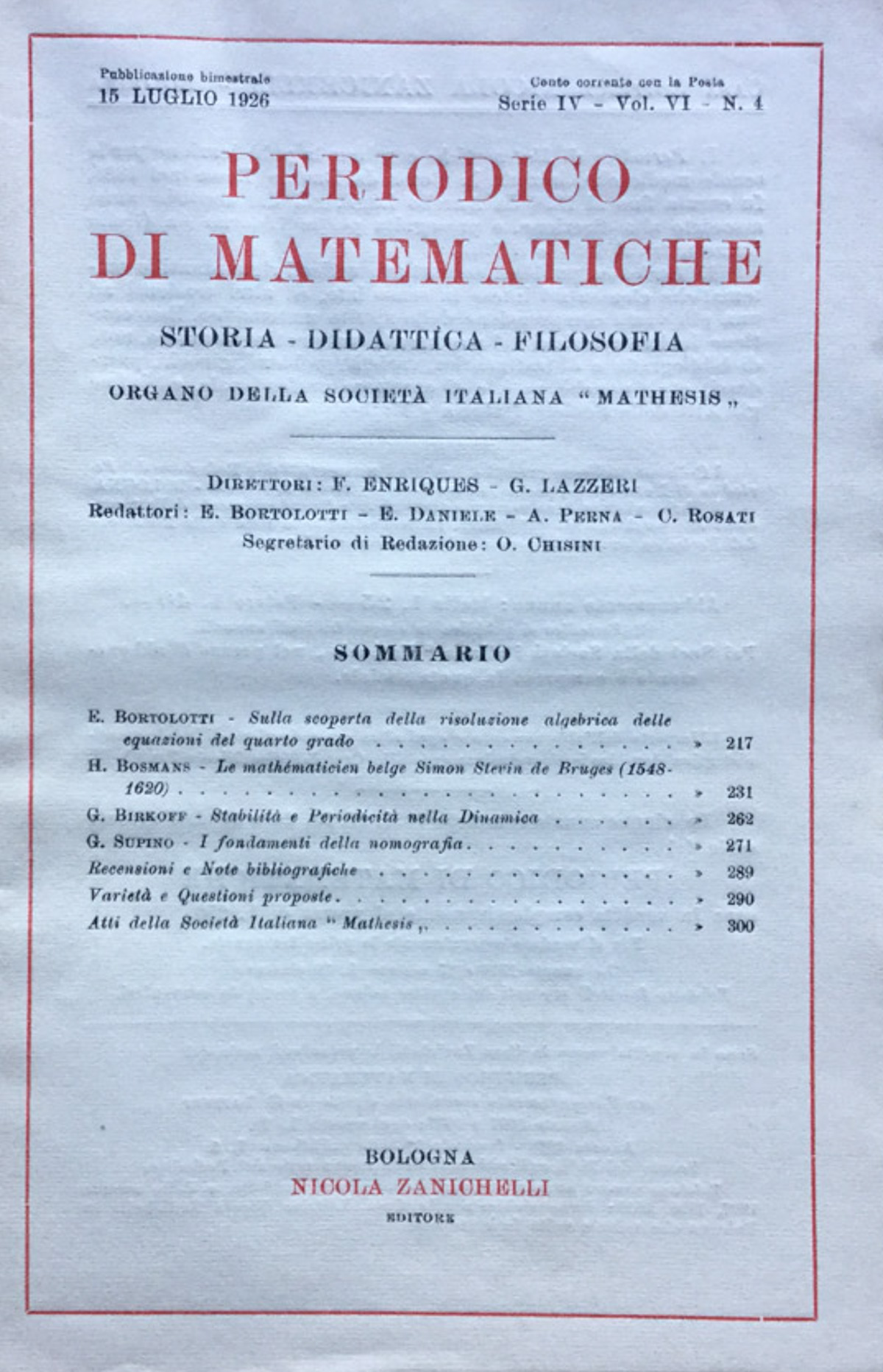 Periodico di matematiche. Storia - Didattica - Filosofia Luglio 1926