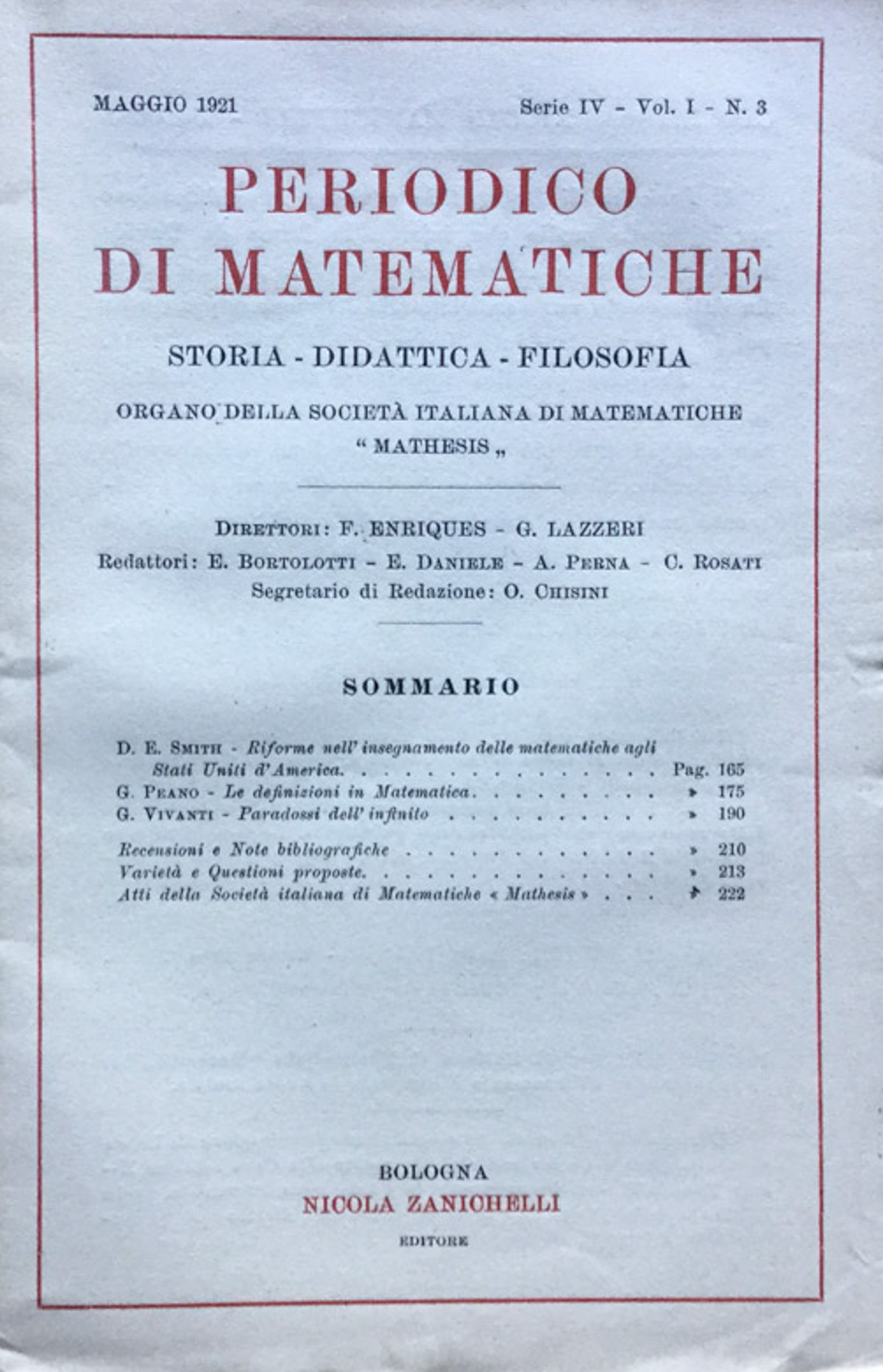 Periodico di matematiche. Storia - Didattica - Filosofia Maggio 1921