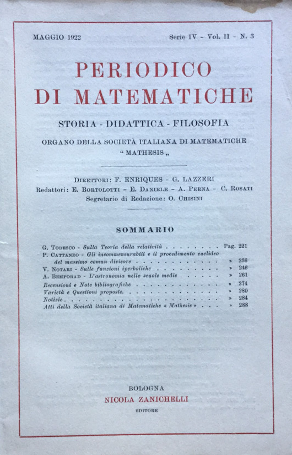 Periodico di matematiche. Storia - Didattica - Filosofia Maggio 1922