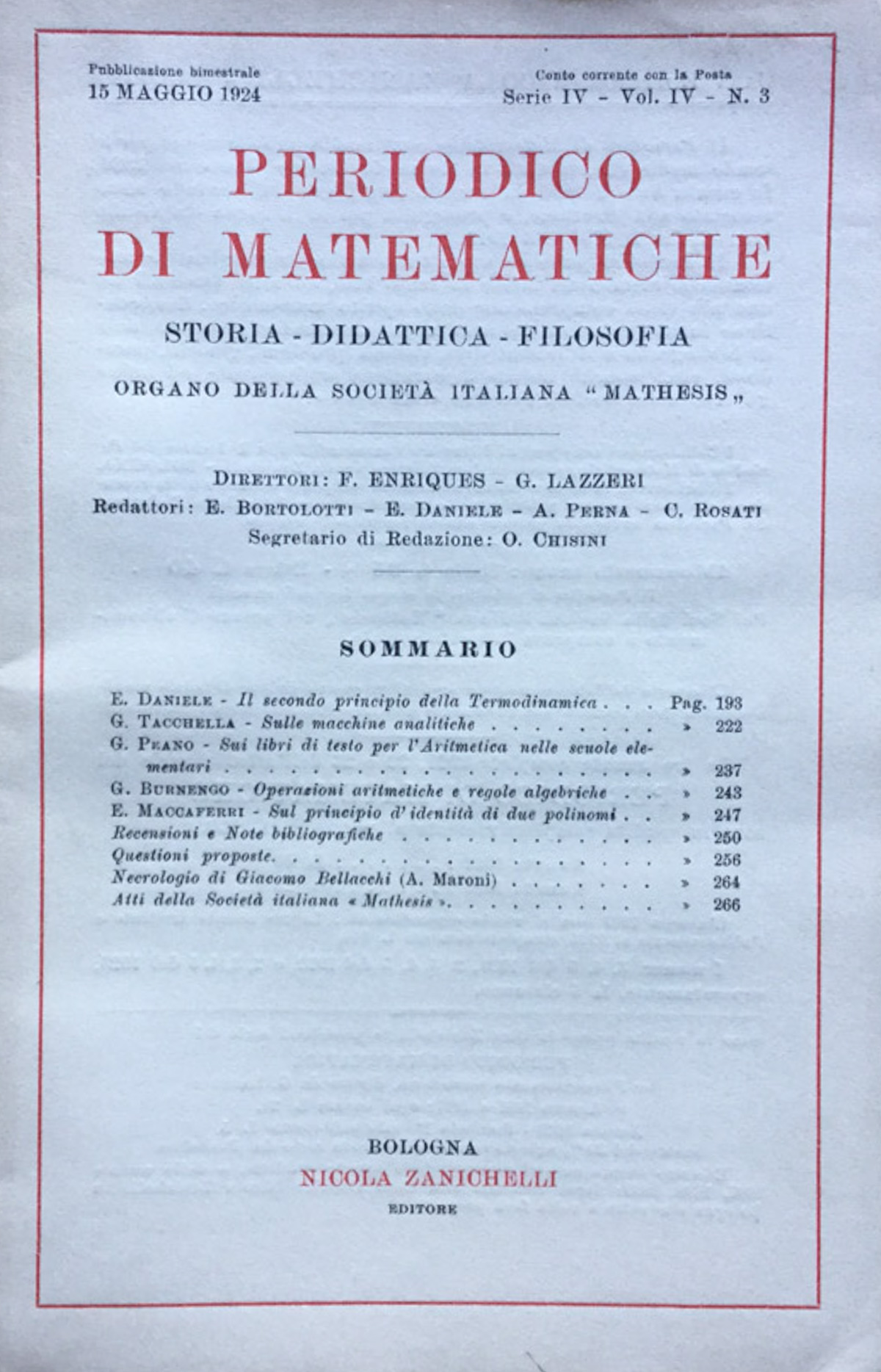 Periodico di matematiche. Storia - Didattica - Filosofia Maggio 1924