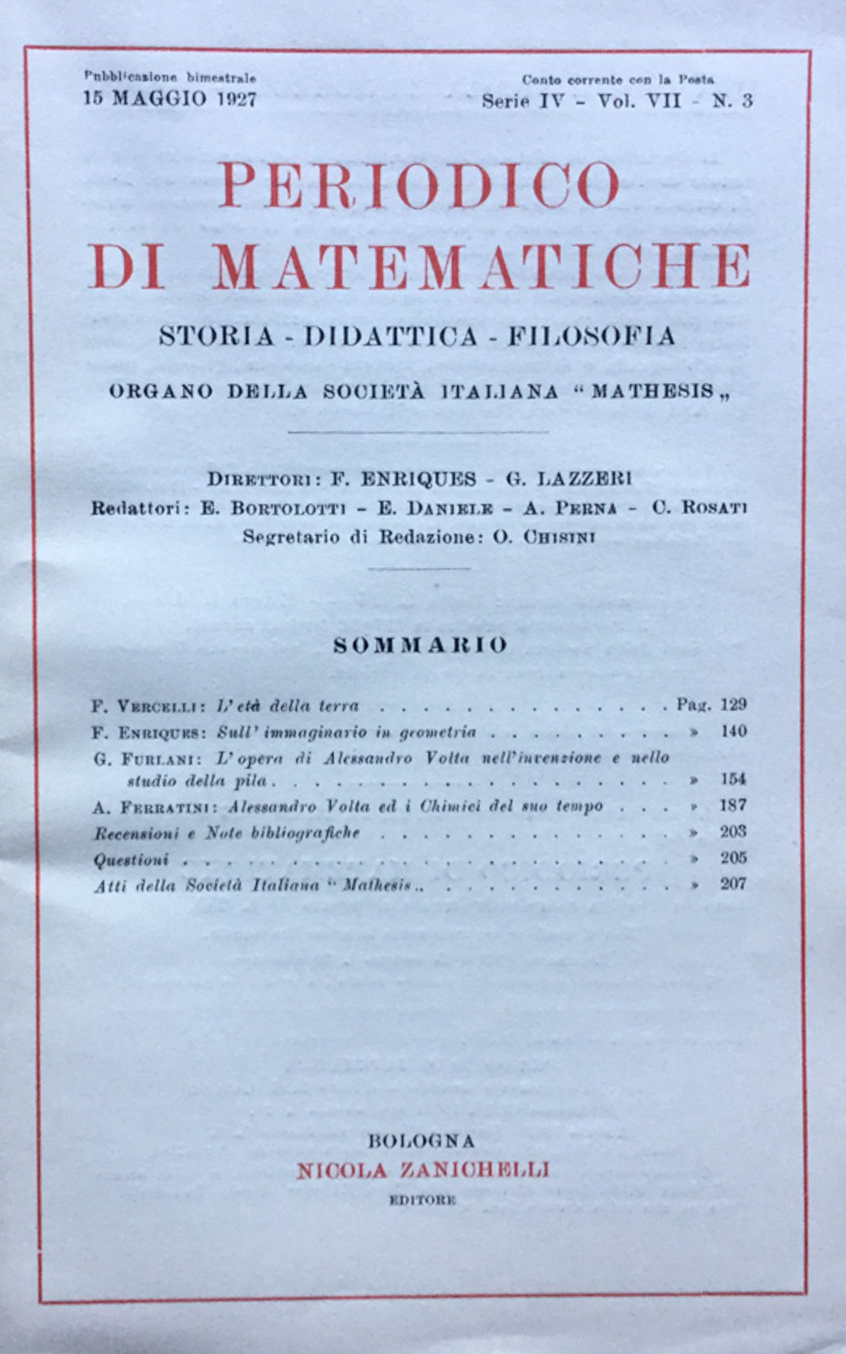 Periodico di matematiche. Storia - Didattica - Filosofia Maggio 1927