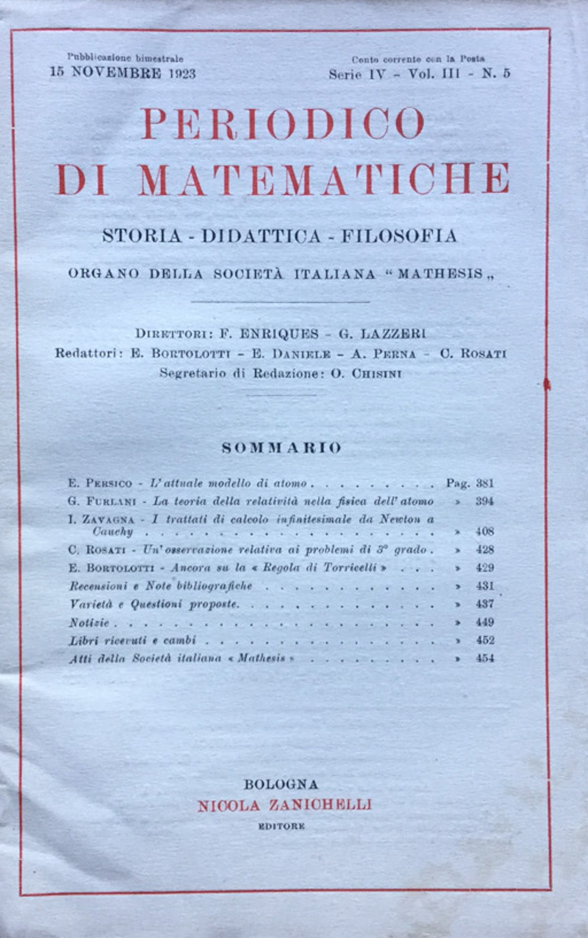 Periodico di matematiche. Storia - Didattica - Filosofia novembre 1923