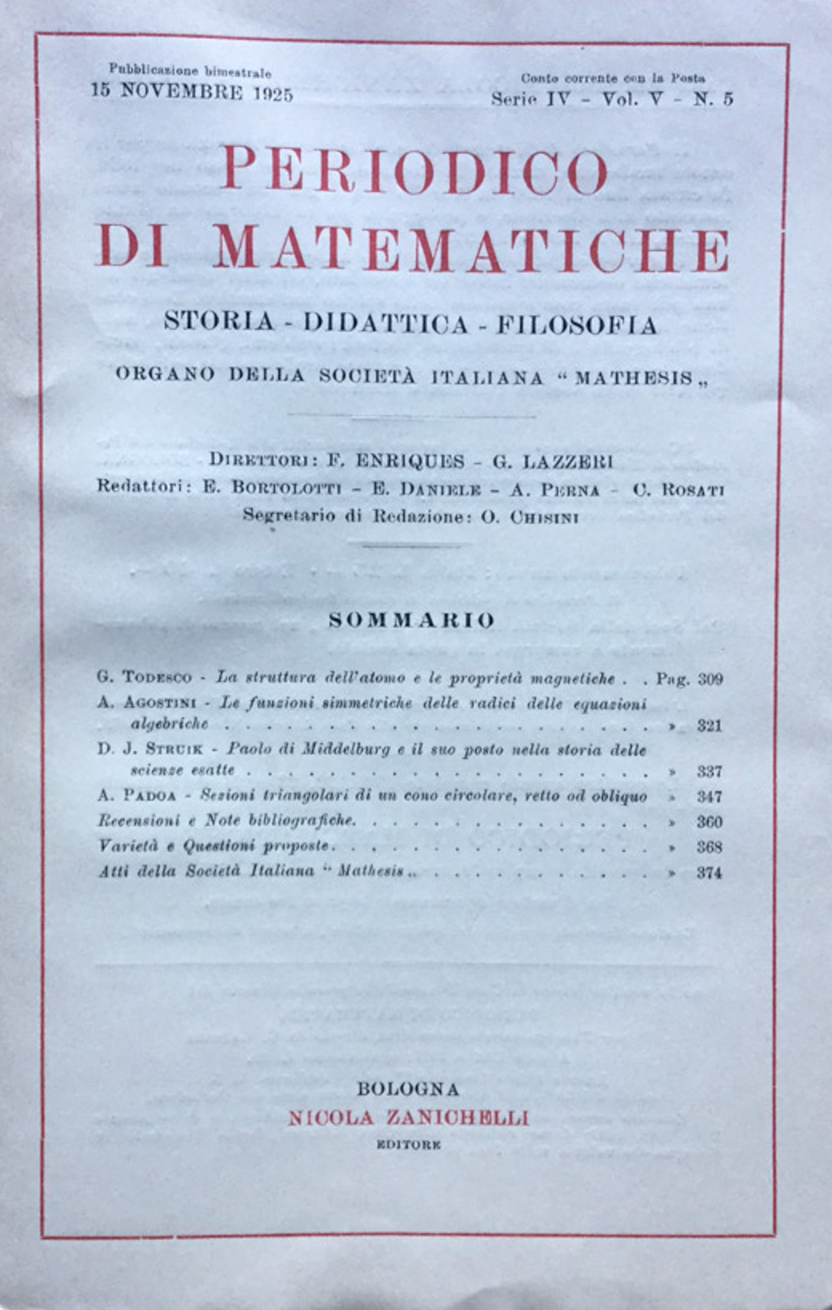 Periodico di matematiche. Storia - Didattica - Filosofia Novembre 1925