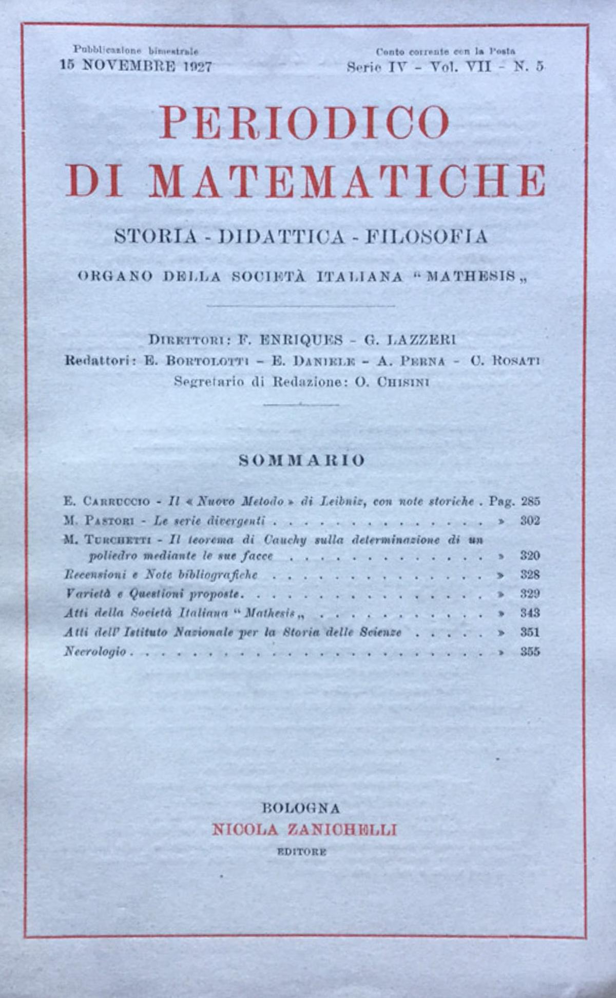 Periodico di matematiche. Storia - Didattica - Filosofia Novembre 1927